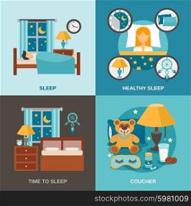 Sleep time design concept set with bedroom interior icons isolated vector illustration. Sleep Time Flat
