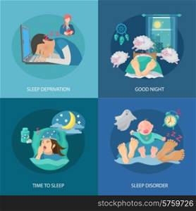Sleep time design concept set with deprivation and disorder flat icons isolated vector illustration. Sleep Time Flat