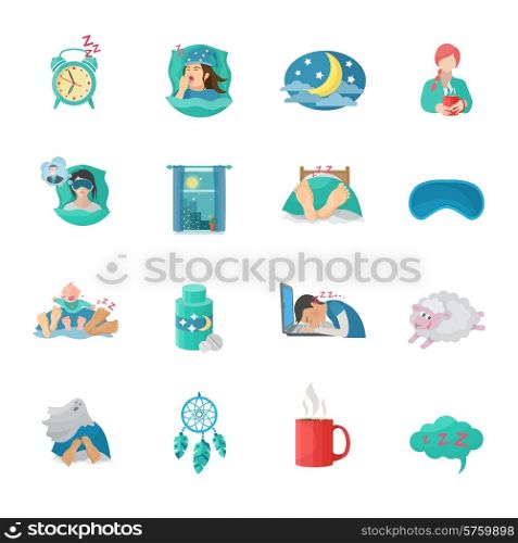 Sleep time flat icons set with alarm clock moon dreaming symbols isolated vector illustration. Sleep Time Flat Icons Set
