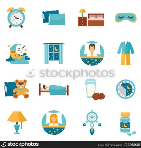 Sleep time flat icons set with alarm clock pillows and bedroom furniture isolated vector illustration. Flat Icons Sleep Time