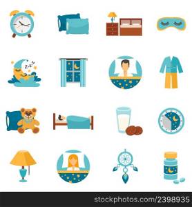 Sleep time flat icons set with alarm clock pillows and bedroom furniture isolated vector illustration. Flat Icons Sleep Time
