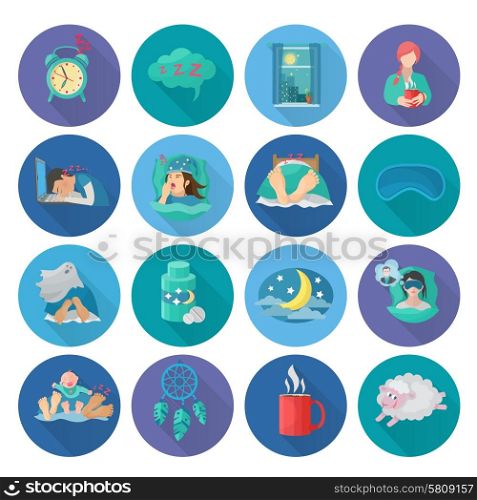 Sleep time flat long shadow icons set with alarm clock snoring man bedroom isolated vector illustration. Sleep Time Icons