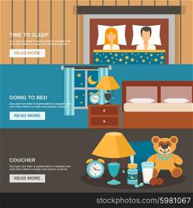 Sleep time horizontal banner set with bed and household objects elements isolated vector illustration. Sleep Time Banner Set