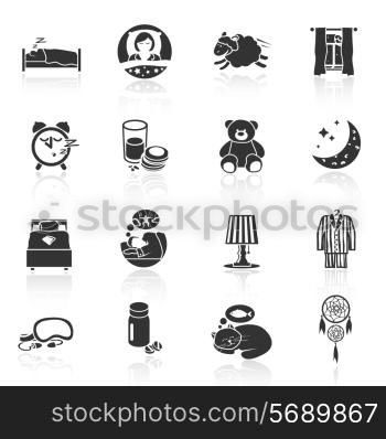 Sleep time icons black set with teddy bear pillow lamp isolated vector illustration