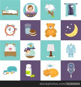 Sleep time icons flat set with bed alarm clock mask isolated vector illustration.