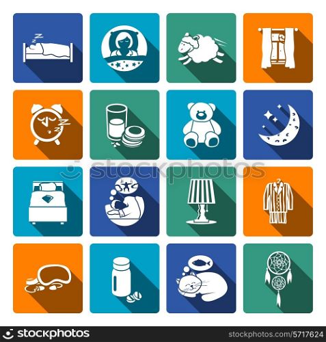 Sleep time icons flat set with bedroom night sweet dreams isolated vector illustration