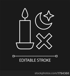 Sleep with candle lit white linear manual label icon for dark theme. Thin line customizable illustration for product use instructions. Isolated vector contour symbol for night mode. Editable stroke. Sleep with candle lit white linear manual label icon for dark theme
