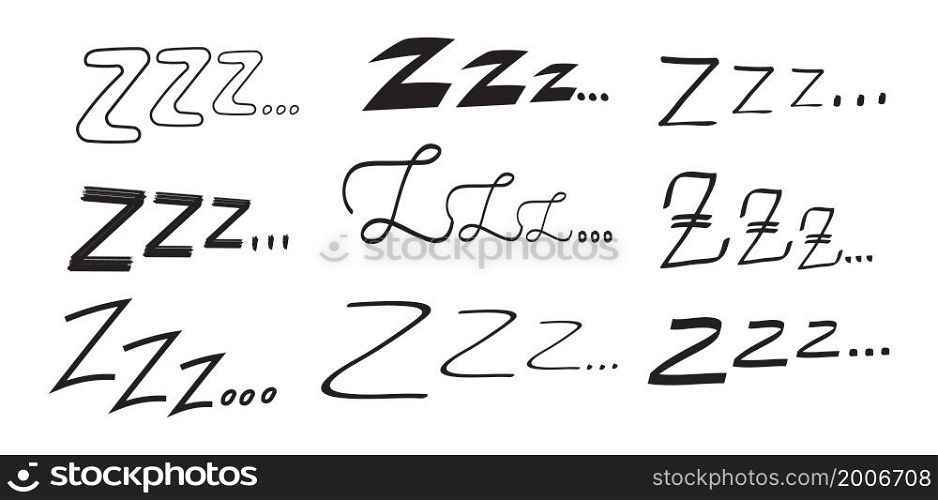 Sleep zzzz vector set in hand drawn doodle set. Insomnia icon in sketch style. Doodle sleepy symbol illustration in outline.. Sleep zzzz vector set in hand drawn doodle set. Insomnia icon in sketch style. Doodle sleepy symbol