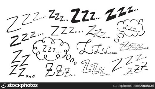 Sleep zzzz vector set in hand drawn doodle set. Insomnia icon in sketch style. Doodle sleepy symbol illustration in outline.. Sleep zzzz vector set in hand drawn doodle set. Insomnia icon in sketch style. Doodle sleepy symbol
