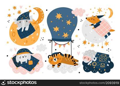 Sleeping baby animals. Cute kids characters. Childish elephant and dog napping on clouds. Funny tiger in pajamas and nightcap. Planets and air balloon. Vector isolated dreaming cartoon creatures set. Sleeping baby animals. Cute kids characters. Childish elephant and dog napping on clouds. Tiger in pajamas and nightcap. Planets and air balloon. Vector dreaming cartoon creatures set