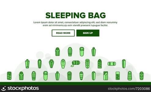 Sleeping Bag Accessory Landing Web Page Header Banner Template Vector. Sleeping Bag Camping Bed Equipment For Comfortable And Relaxation Sleep Illustrations. Sleeping Bag Accessory Landing Header Vector