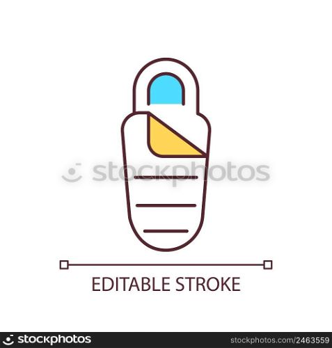 Sleeping bag RGB color icon. Equipment for comfortable c&ing. Tourist item for outdoors activity. Isolated vector illustration. Simple filled line drawing. Editable stroke. Arial font used. Sleeping bag RGB color icon