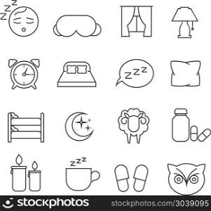 Sleeping bed time rest thin line outline vector icons. Sleeping bed time rest thin line outline vector icons. Dream and bedtime, sheep and mask for sleep illustration