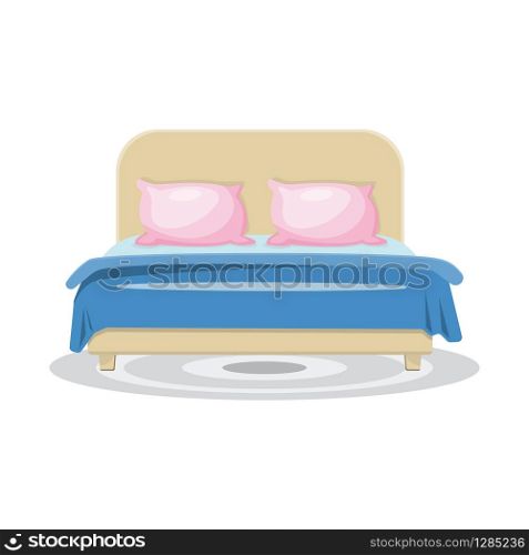 Sleeping bed with pink pillows and blue blanket, with grey rug. Vector illustration