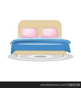 Sleeping bed with pink pillows and blue blanket, with grey rug. Vector illustration
