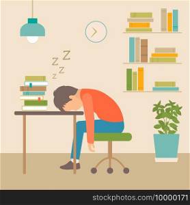 sleeping boy at school, book on desk, vector illustration of sleep, 