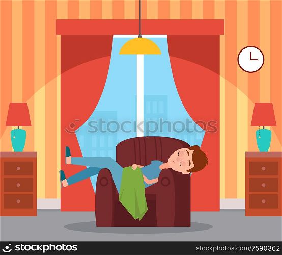 Sleeping boy on soft armchair, relaxing time. Interior of room, bedside table and lamps, panoramic windows with curtains, wallpaper in stripes vector. Sleeping Boy on Armchair, Interior of Room Vector
