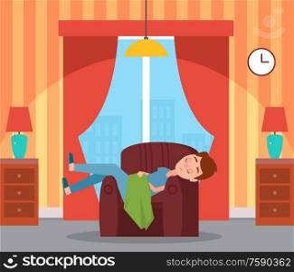Sleeping boy on soft armchair, relaxing time. Interior of room, bedside table and lamps, panoramic windows with curtains, wallpaper in stripes vector. Sleeping Boy on Armchair, Interior of Room Vector