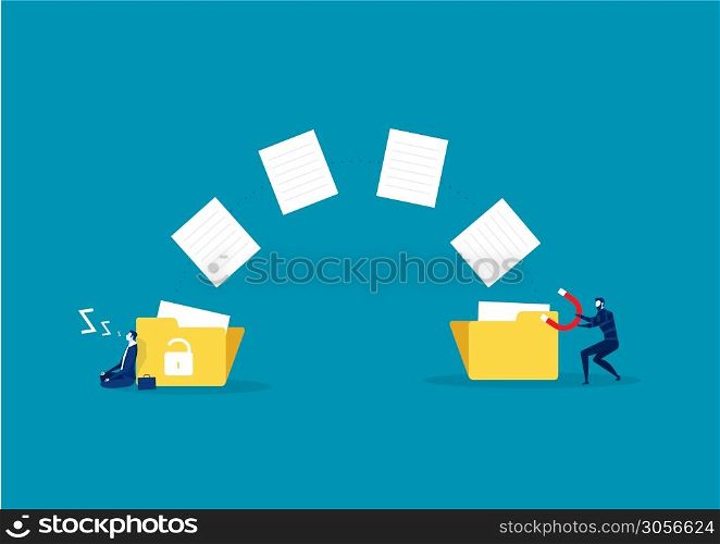 Sleeping businessman unaware while hacker Stealing download documents crime Vector illustration, faceless characters