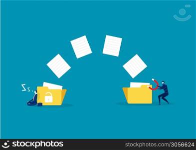Sleeping businessman unaware while hacker Stealing download documents crime Vector illustration, faceless characters