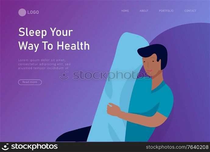 Sleeping character landing page template. The boy sleeps in bed alone in different poses, different poses during a night sleep. View from above. Colorful vector illustration.. Sleeping character landing page template. The boy sleeps in bed alone in different poses, different poses during a night sleep. View from above. Colorful vector
