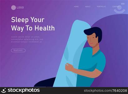 Sleeping character landing page template. The boy sleeps in bed alone in different poses, different poses during a night sleep. View from above. Colorful vector illustration.. Sleeping character landing page template. The boy sleeps in bed alone in different poses, different poses during a night sleep. View from above. Colorful vector