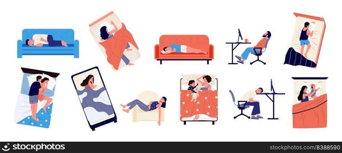 Sleeping characters. Cartoon people sleep in different places and poses, tired young and adult persons in bed on sofa and lying on desk. Vector set. Asleep employees at workplace, relaxation. Sleeping characters. Cartoon people sleep in different places and poses, tired young and adult persons in bed on sofa and lying on desk. Vector set