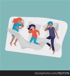 Sleeping children character. Boy and girl sleep in bed together and alone in various poses, different postures during night slumber. Top view. Colorful vector illustration. Sleeping children character. Boy and girl sleep in bed together and alone in various poses, different postures during night slumber. Top view