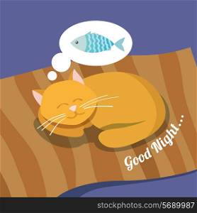 Sleeping cute cat dreaming about fish good night background poster vector illustration