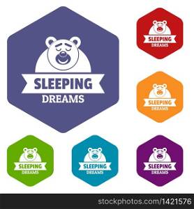 Sleeping dream icons vector colorful hexahedron set collection isolated on white . Sleeping dream icons vector hexahedron