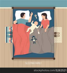 Sleeping Family With Nursing Baby . Top view of young family sleeping at home on double bed with nursing baby flat vector illustration