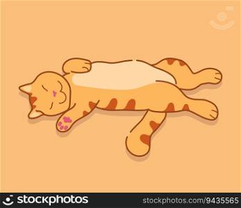 Sleeping ginger cat in a relaxed position. Cute red tabby cat sleeps in a position that reflects trust. Vector illustration