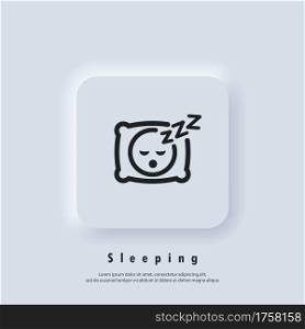 Sleeping icon. Pillow. Sleep. An image of a person having a dreamful slumber in bed on a pillow with some sleeping sound. Rest, relaxation, restoration. Vector. UI icon. Neumorphic UI UX