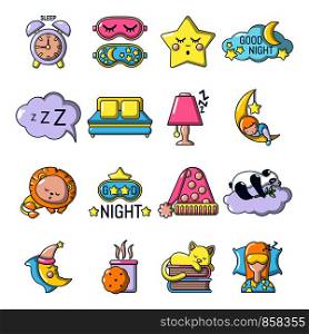 Sleeping icons set. Cartoon illustration of 16 sleeping vector icons for web. Sleeping icons set, cartoon style