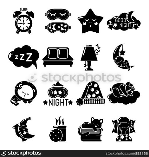Sleeping icons set. Simple illustration of 16 sleeping vector icons for web. Sleeping icons set, simple style