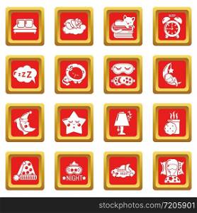 Sleeping icons set vector red square isolated on white background . Sleeping icons set red square vector