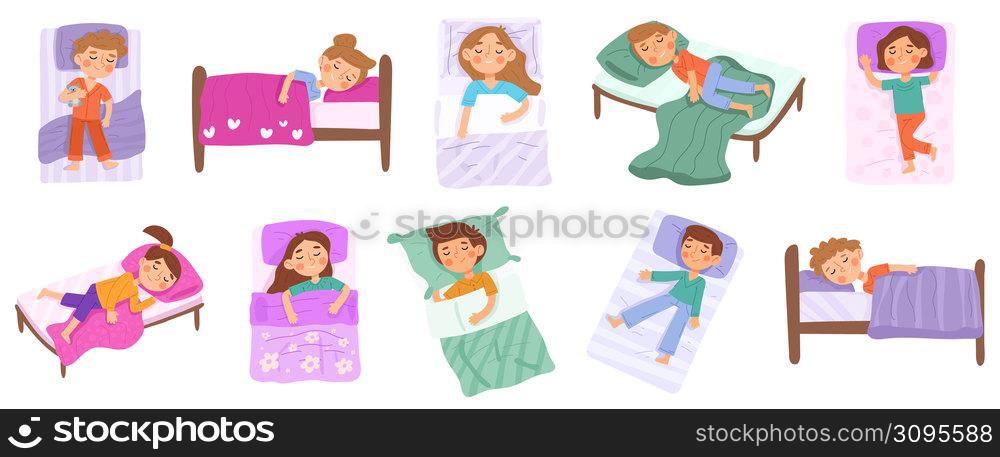 Sleeping kids, baby bedtime, little child napping characters. Kindergarten nap time, boys and girls sleep in beds vector illustration set. Children dream time, sleep night bedtime and resting. Sleeping kids, baby bedtime, little child napping characters. Kindergarten nap time, boys and girls sleep in beds vector illustration set. Children dream time