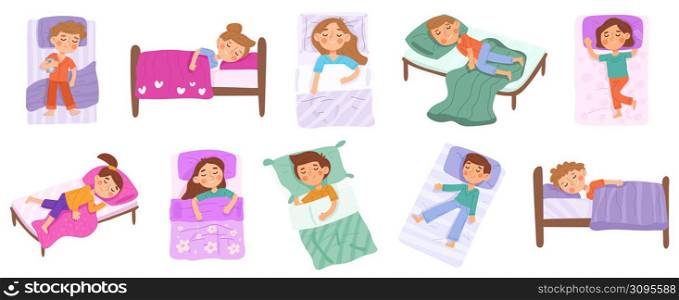 Sleeping kids, baby bedtime, little child napping characters. Kindergarten nap time, boys and girls sleep in beds vector illustration set. Children dream time, sleep night bedtime and resting. Sleeping kids, baby bedtime, little child napping characters. Kindergarten nap time, boys and girls sleep in beds vector illustration set. Children dream time