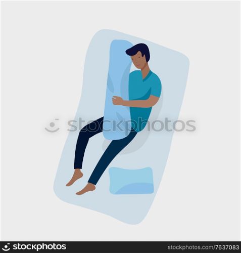 Sleeping man character. Boy are sleep in bed alone in relax pose. Top view. Colorful vector illustration. Sleeping man character. Boy are sleep in bed alone in relax pose. Top view. Colorful vector