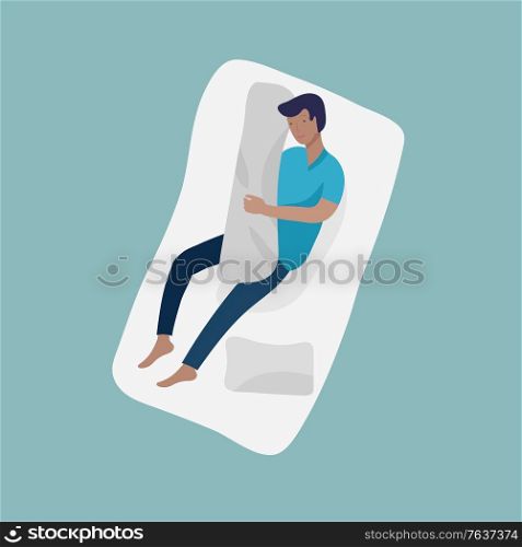 Sleeping man character. Boy are sleep in bed alone in relax pose. Top view. Colorful vector illustration. Sleeping man character. Boy are sleep in bed alone in relax pose. Top view. Colorful vector