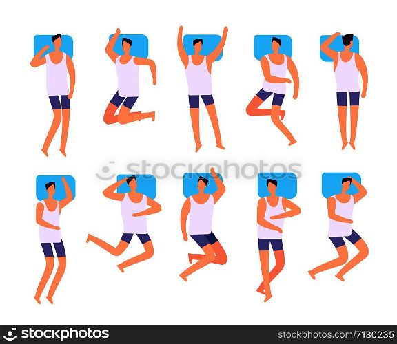 Sleeping man top view. Male sleeps in various postures with pillow in bed. Person sleep positioning vector set. Illustration of man sleeping positioning different. Sleeping man top view. Male sleeps in various postures with pillow in bed. Person sleep positioning vector set