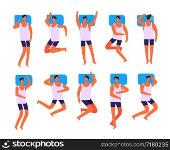 Sleeping man top view. Male sleeps in various postures with pillow in bed. Person sleep positioning vector set. Illustration of man sleeping positioning different. Sleeping man top view. Male sleeps in various postures with pillow in bed. Person sleep positioning vector set
