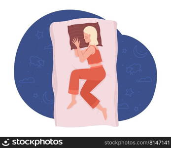 Sleeping on side comfortably at night 2D vector isolated illustration. Resting young woman flat character on cartoon background. Colourful editable scene for mobile, website, presentation. Sleeping on side comfortably at night 2D vector isolated illustration