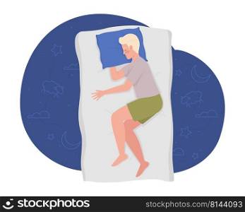 Sleeping on side restfully at nighttime 2D vector isolated illustration. Young man with arm under pillow flat character on cartoon background. Colorful editable scene for mobile, website, presentation. Sleeping on side restfully at nighttime 2D vector isolated illustration