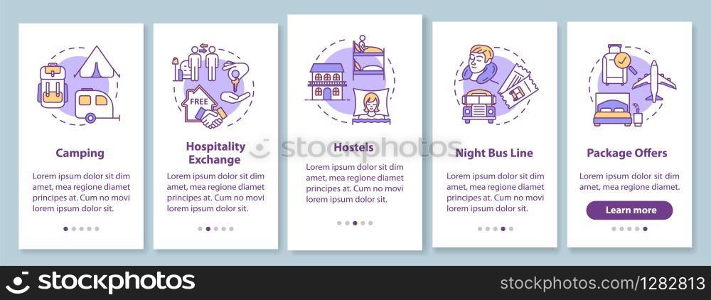 Sleeping onboarding mobile app page screen with concepts. Camping, hospitality exchange. Budget traveling walkthrough five steps graphic instructions. UI vector template with RGB color illustrations