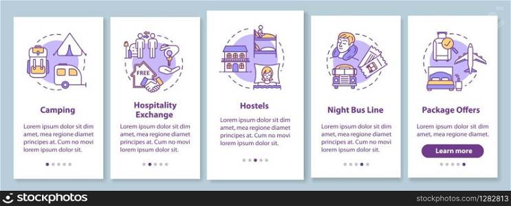 Sleeping onboarding mobile app page screen with concepts. Camping, hospitality exchange. Budget traveling walkthrough five steps graphic instructions. UI vector template with RGB color illustrations
