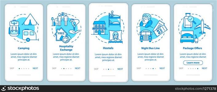 Sleeping onboarding mobile app page screen with concepts. Money saving travel. Budget tourism walkthrough five steps graphic instructions. UI vector template with RGB color illustrations