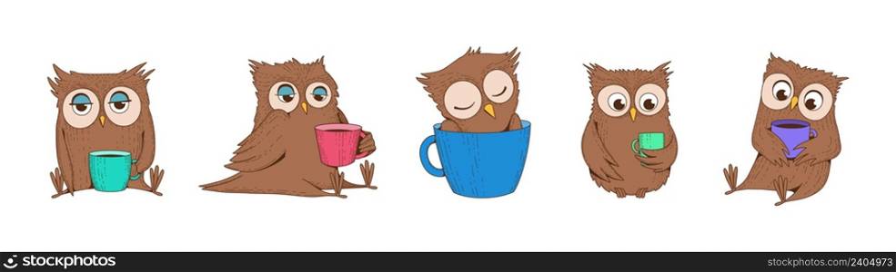 Sleeping owls hold coffee cups. Owl dreaming, sketch tired wild birds with hot drinks vector set. Owl with cup of coffee morning illustration. Sleeping owls hold coffee cups. Owl dreaming, sketch tired wild birds with hot drinks vector set