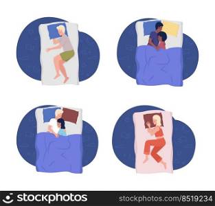 Sleeping people 2D vector isolated illustrations set. Healthy sleep patterns flat characters on cartoon background. Bedtime colourful editable scene for mobile, website, presentation pack. Sleeping people 2D vector isolated illustrations set
