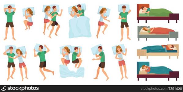 Sleeping people. Adult couple sleep together, asleep person. Man and woman sleep in different positions vector illustration set. Couple woman and man sleep in bed, asleep night married. Sleeping people. Adult couple sleep together, asleep person. Man and woman sleep in different positions vector illustration set